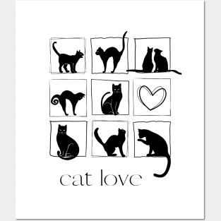 Nine black cats in square frame and one heart Posters and Art